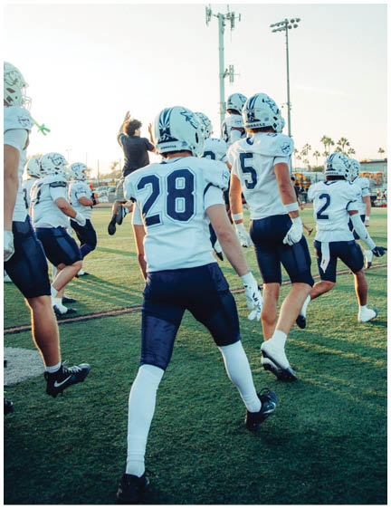A football player wearing a blue and white uniform. Description generated by AI