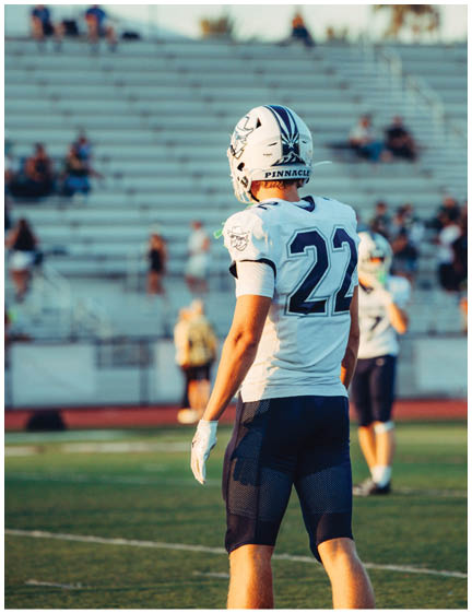 A football player wearing a blue and white uniform. Description generated by AI