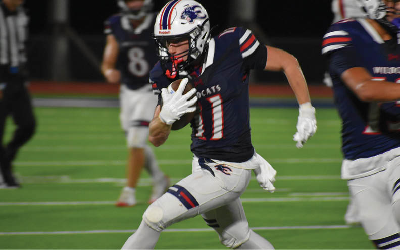 A football player wearing a blue and white jersey with the number 11 on it. Description generated by AI