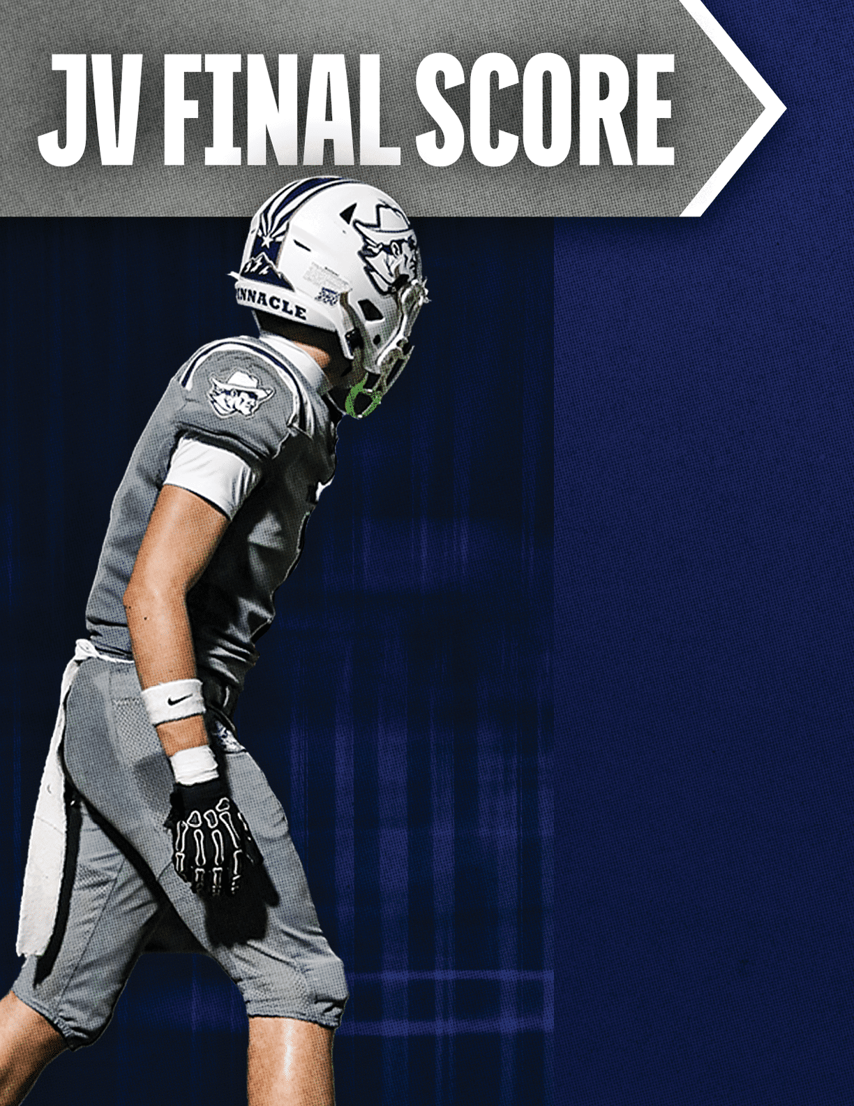 A football player with a white helmet and blue jersey. Description generated by AI