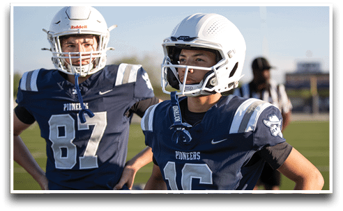 Three football players are standing on the field, one of them is smiling and wearing a black jersey with the number 55. AI generated content