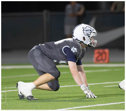 A football player wearing a blue and white uniform. Description generated by AI