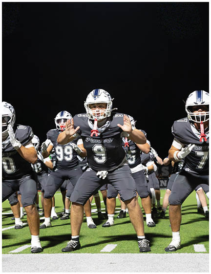 A football player wearing a blue and white uniform. Description generated by AI