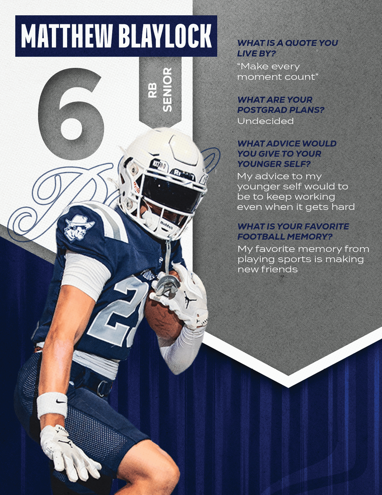 A football player wearing a blue and red jersey with the number 15 on it. Description generated by AI
