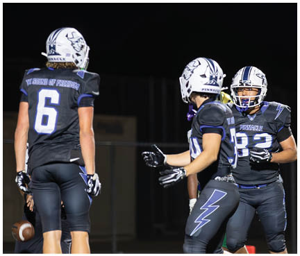 A football player wearing a blue and white uniform. Description generated by AI