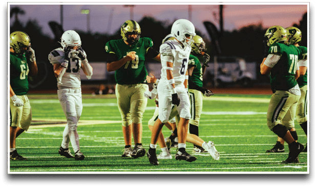 Three football players are standing on the field, one of them is smiling and wearing a black jersey with the number 55. AI generated content