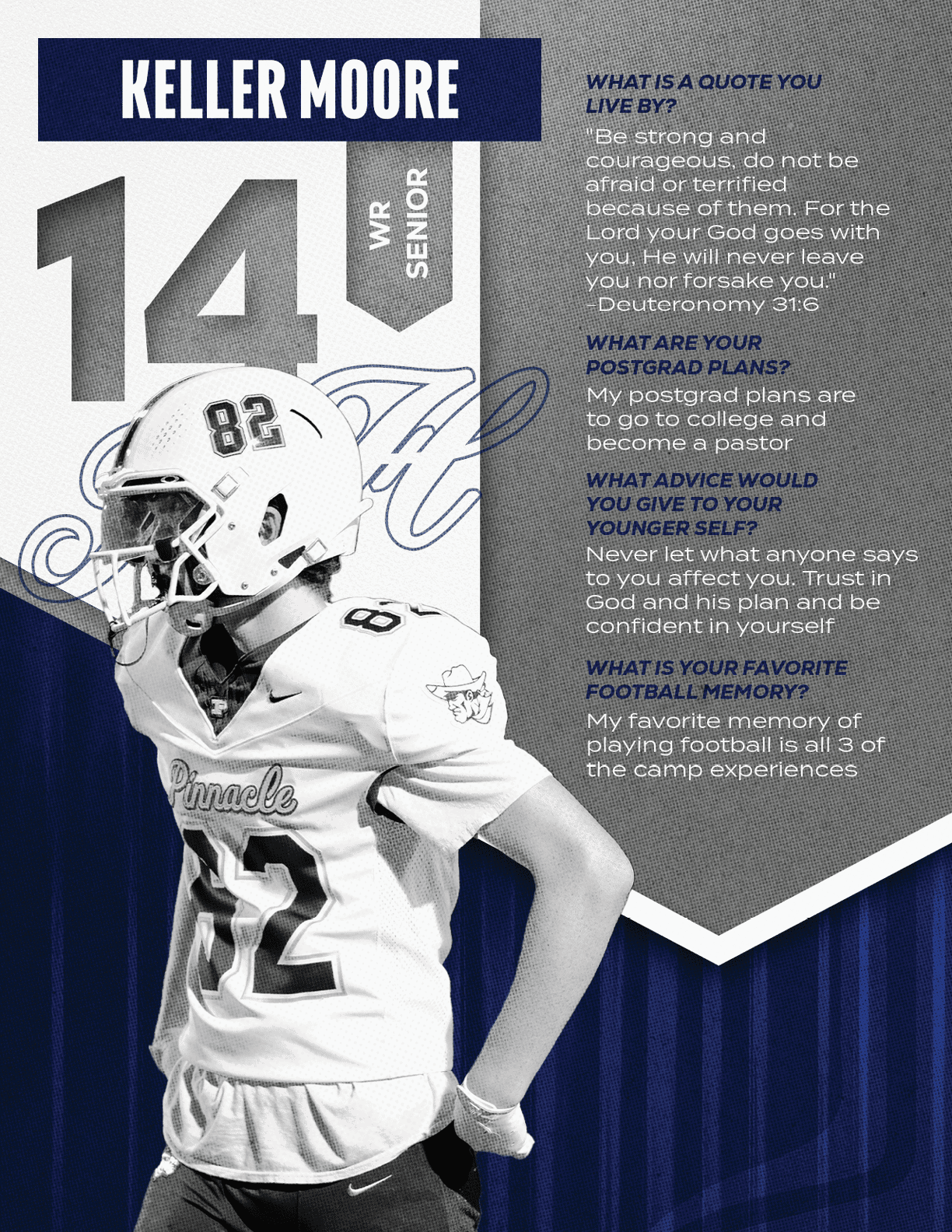 A football player wearing a blue and red jersey with the number 15 on it. Description generated by AI