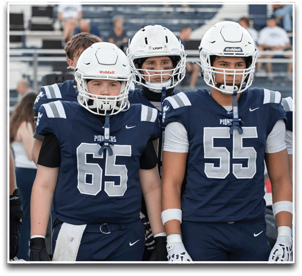 Three football players are standing on the field, one of them is smiling and wearing a black jersey with the number 55. AI generated content