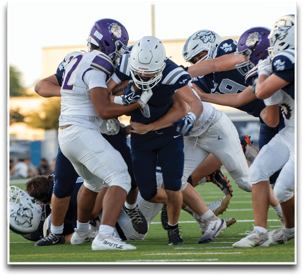 Three football players are standing on the field, one of them is smiling and wearing a black jersey with the number 55. AI generated content