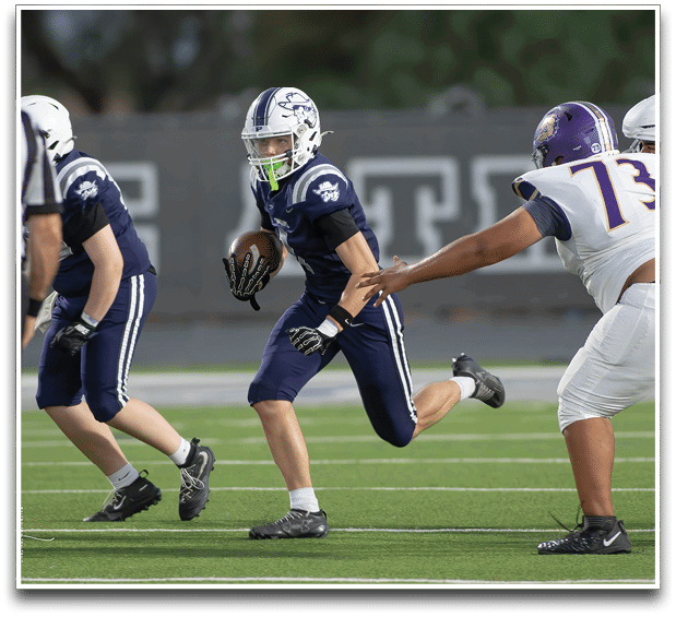 Three football players are standing on the field, one of them is smiling and wearing a black jersey with the number 55. AI generated content