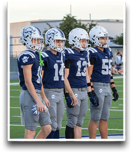 Three football players are standing on the field, one of them is smiling and wearing a black jersey with the number 55. AI generated content