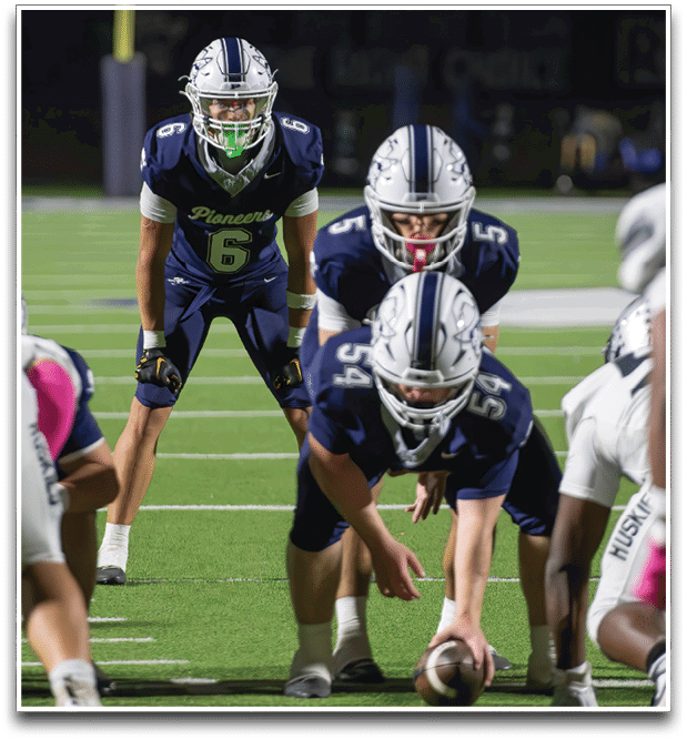 Three football players are standing on the field, one of them is smiling and wearing a black jersey with the number 55. AI generated content