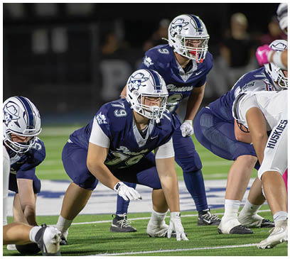 A group of football players huddled together on the field. Description generated by AI