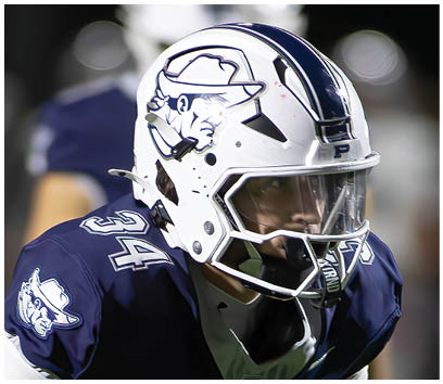 A football player wearing a blue and white uniform. Description generated by AI