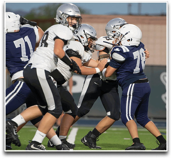 Three football players are standing on the field, one of them is smiling and wearing a black jersey with the number 55. AI generated content