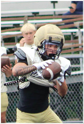 A football player running on the field. Description generated by AI