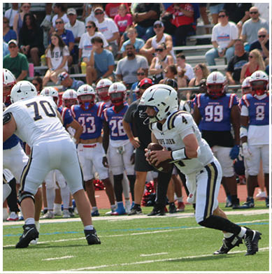 A football game is taking place with a group of men on the field. Description generated by AI