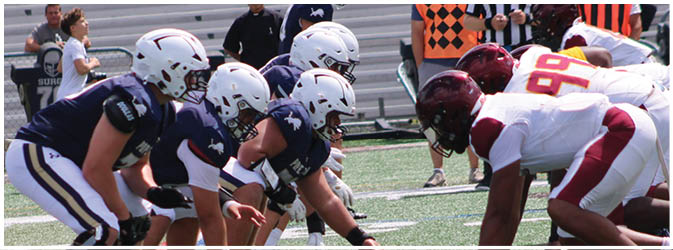 A football game is taking place on a field with players wearing blue and white uniforms. Description generated by AI