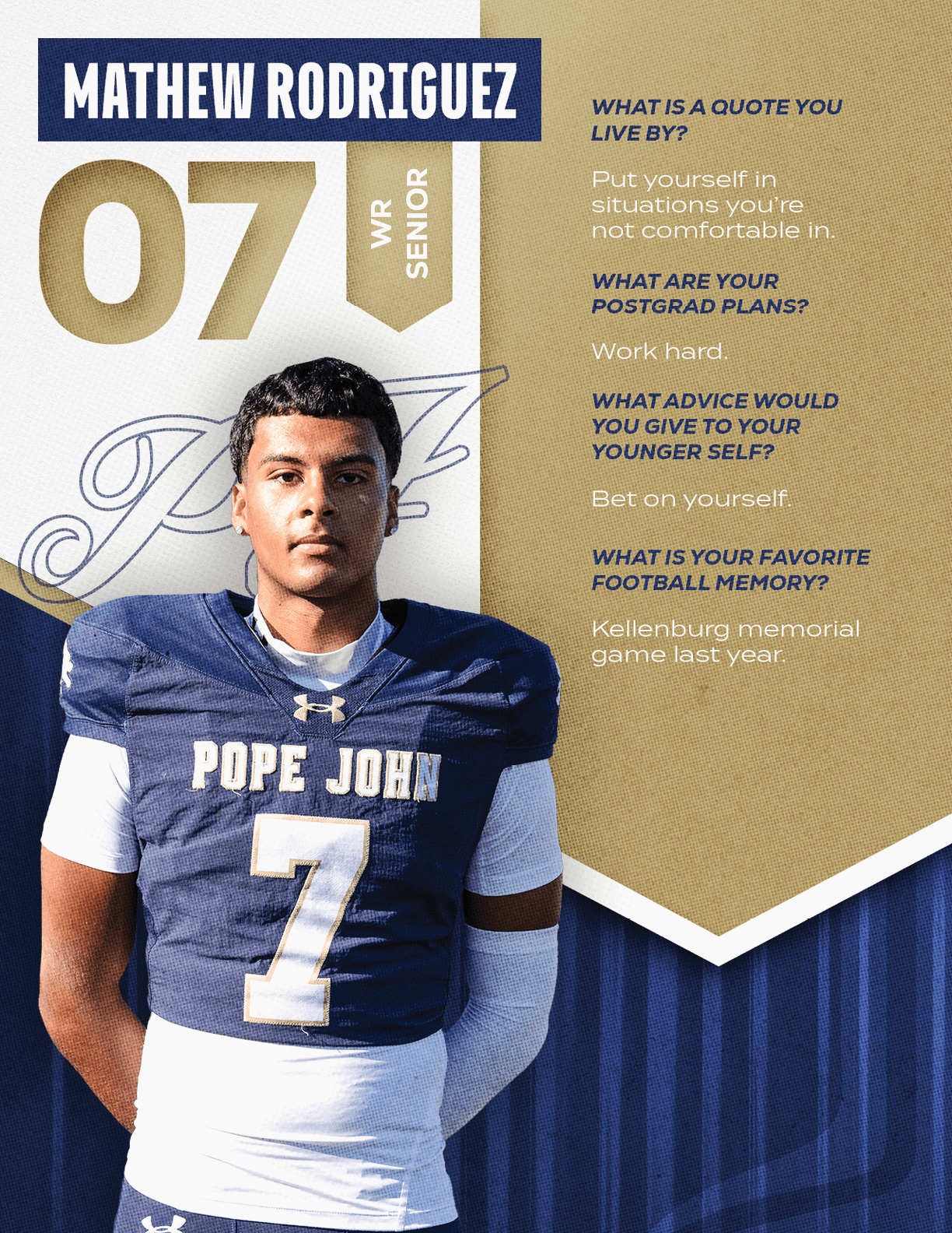 A football player wearing a blue and red jersey with the number 15 on it. Description generated by AI