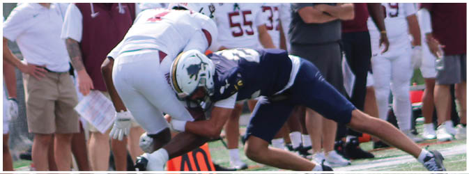 A football game is taking place on a field with players wearing blue and white uniforms. Description generated by AI