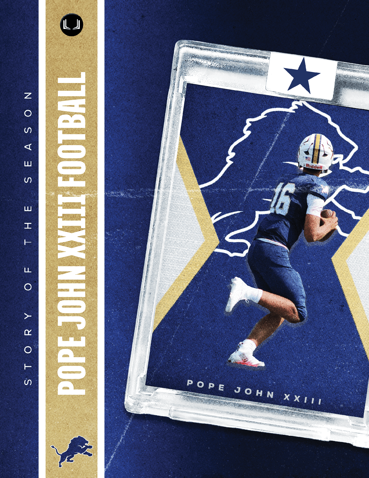 A blue and white card with a football player on it. Description generated by AI