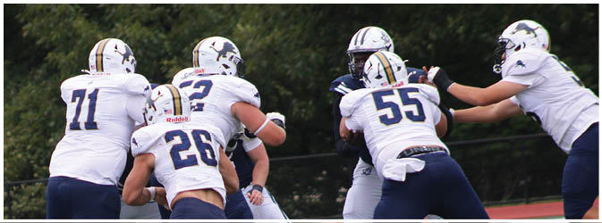 A football game is taking place on a field with players wearing blue and white uniforms. Description generated by AI