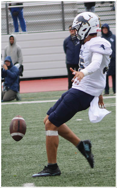 A football player wearing a blue and red jersey. Description generated by AI