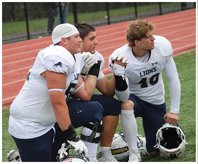 A football game is taking place with a group of men on the field. Description generated by AI