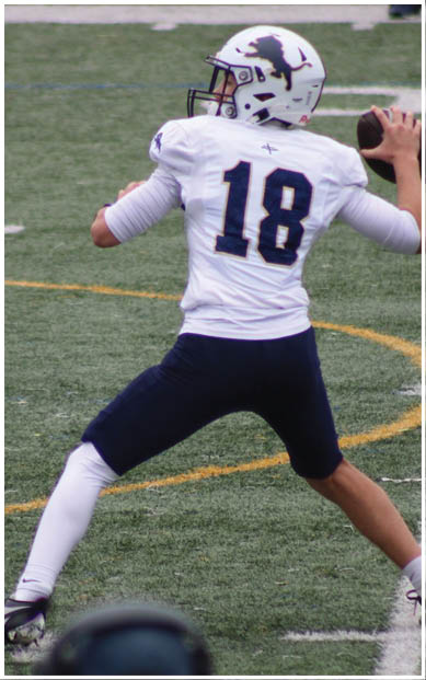 A football player wearing a blue and red jersey. Description generated by AI