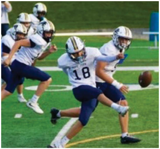 A football player wearing a blue and white uniform. Description generated by AI
