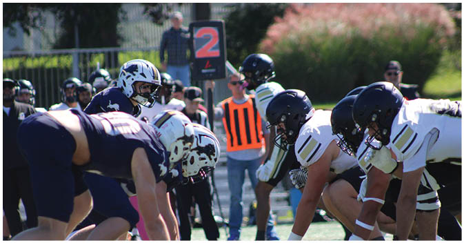 A group of football players on a field. Description generated by AI
