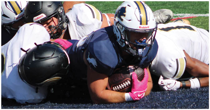 A group of football players on a field. Description generated by AI