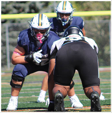 A football game is taking place with a group of men on the field. Description generated by AI