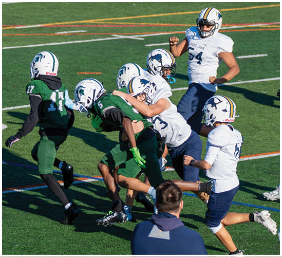 A football player wearing a blue and white uniform. Description generated by AI