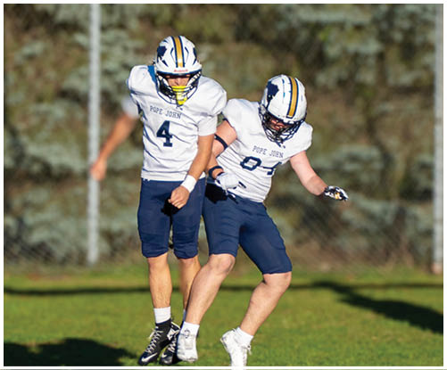 A football player wearing a blue and white uniform. Description generated by AI