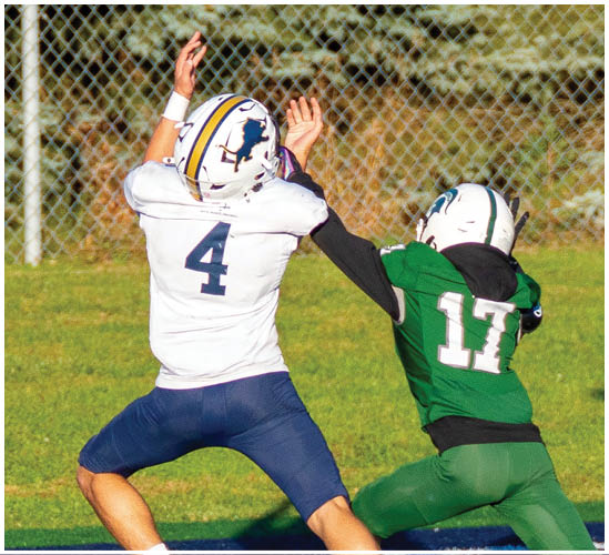 A football player wearing a blue and white uniform. Description generated by AI