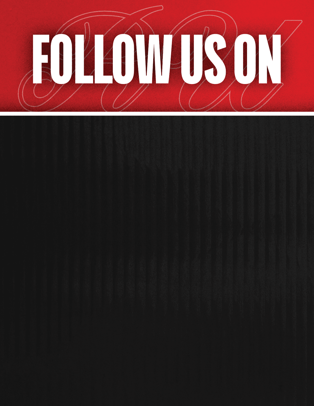 A black and red sign that says Follow Us On. Description generated by AI