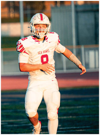 A football player wearing a blue and red jersey. Description generated by AI