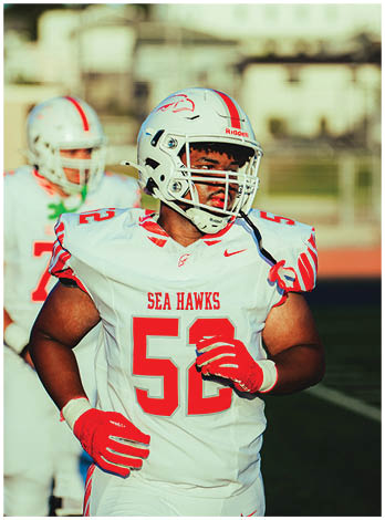 A football player wearing a blue and red jersey. Description generated by AI