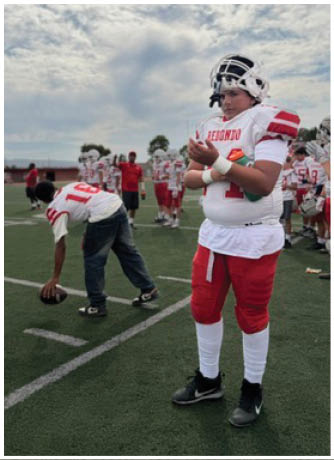 A football player catching a ball. Description generated by AI