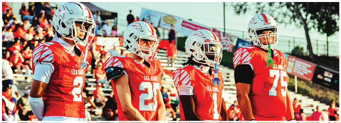 A football game is taking place on a field with players wearing blue and white uniforms. Description generated by AI