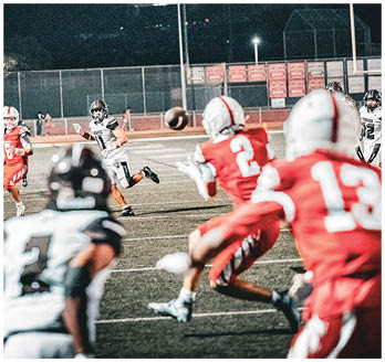 A football game is taking place with a group of men on the field. Description generated by AI