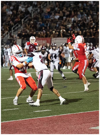 A football player wearing a blue and red jersey. Description generated by AI