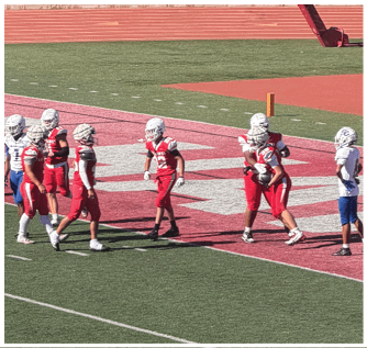 A group of football players on a field. Description generated by AI