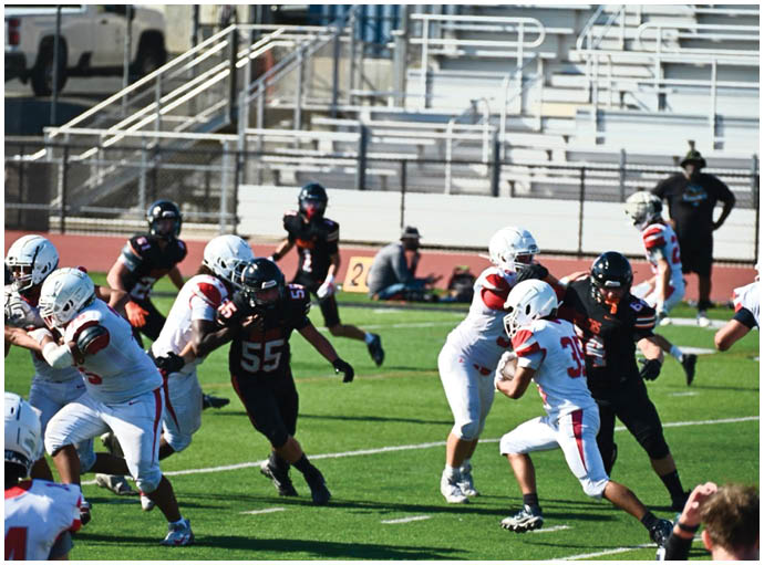 Three football players in blue and white uniforms running on a field. Description generated by AI