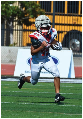 A football player catching a ball. Description generated by AI