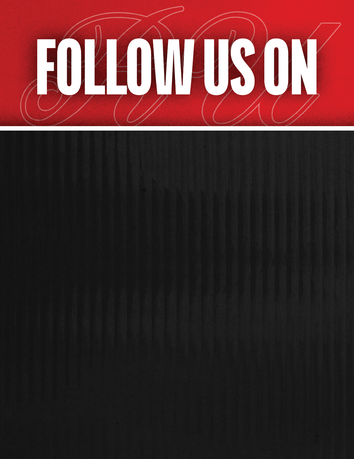 A black and red sign that says Follow Us On. Description generated by AI