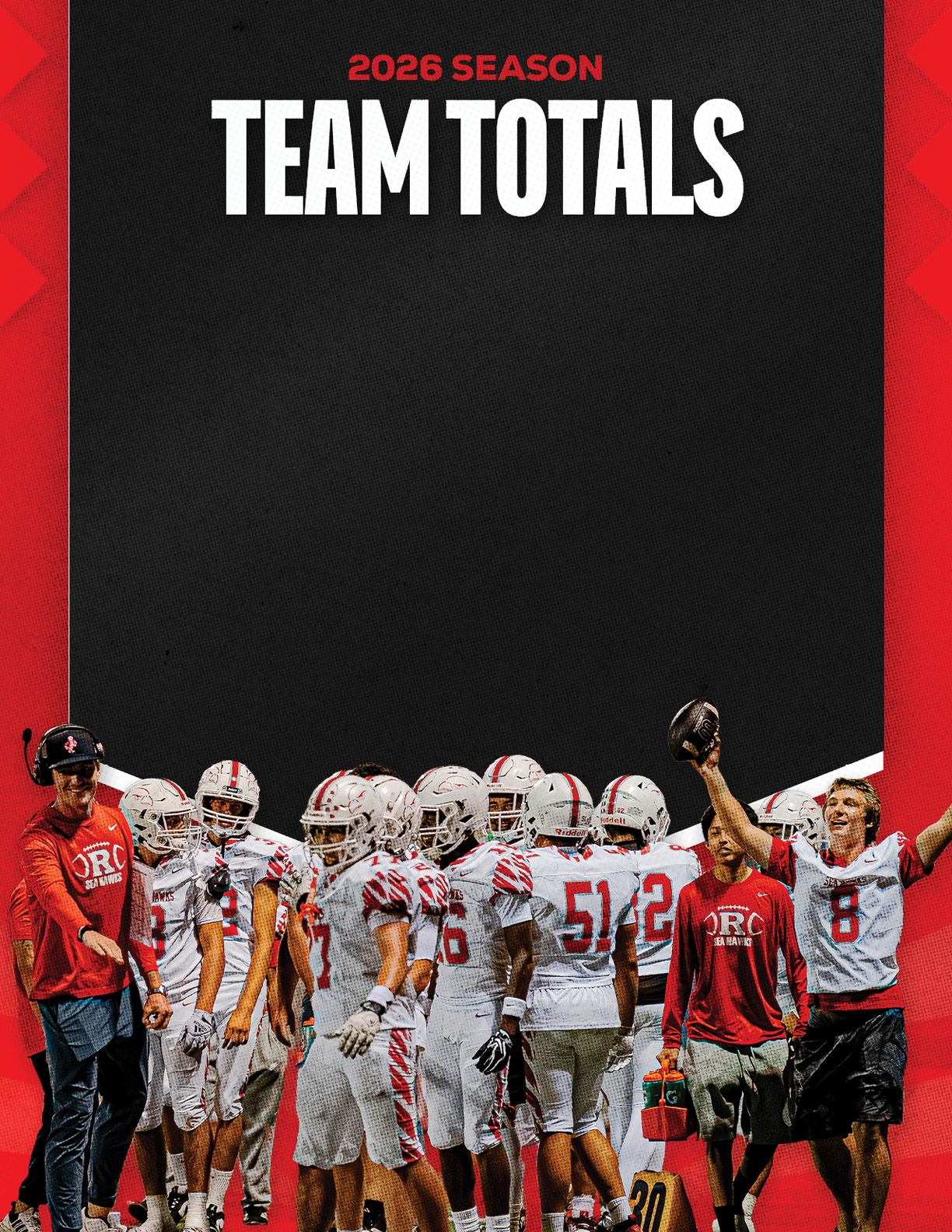 A group of football players standing on the field. Description generated by AI