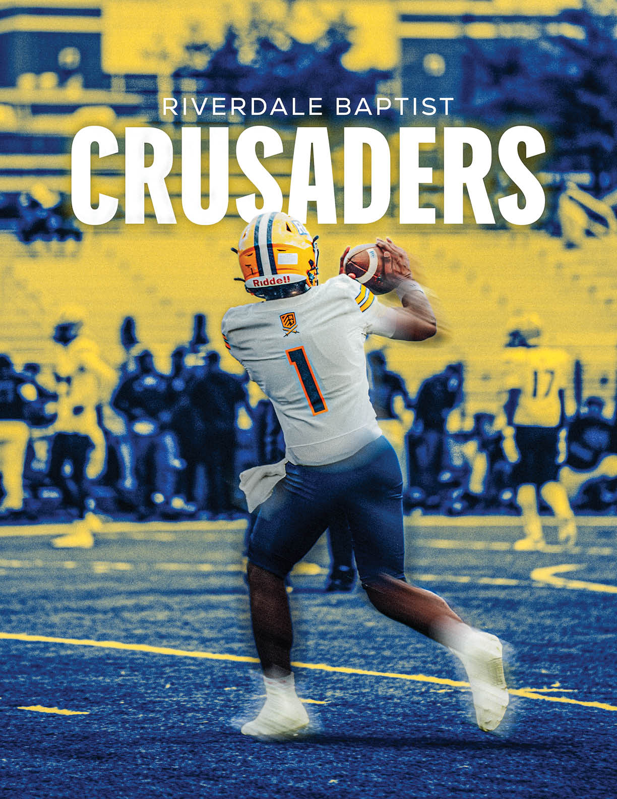 A person wearing a white football uniform with the number one is catching a football on a field with blurred spectators and players in the background, with the text Riverdale Baptist Crusaders above. Description generated by AI