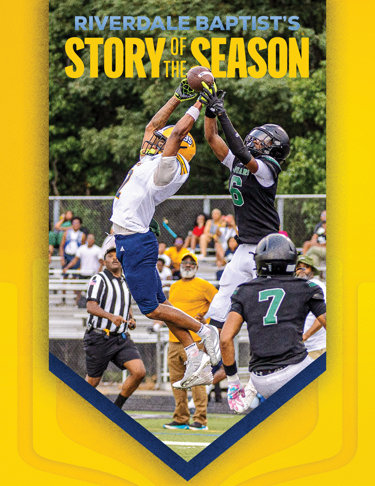 Two athletes in football uniforms jump and reach for the ball during a game while another player and a referee watch in the background with spectators seated behind a fence. Description generated by AI